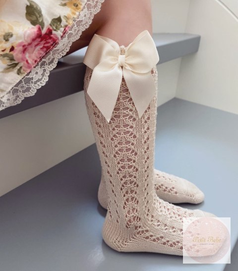 PODKOLANÓWKI AŻUROWE Z KOKARDĄ LINEN CONDOR #304