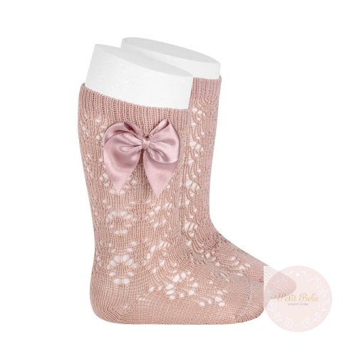 PODKOLANÓWKI AŻUROWE Z KOKARDĄ PERLE OLD ROSE