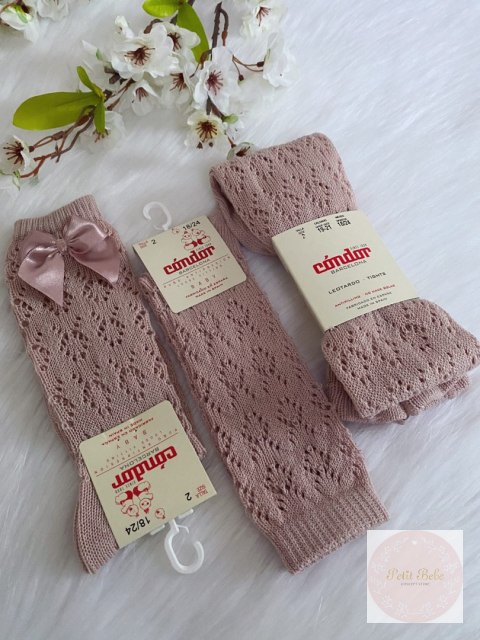 PODKOLANÓWKI AŻUROWE Z KOKARDĄ PERLE OLD ROSE