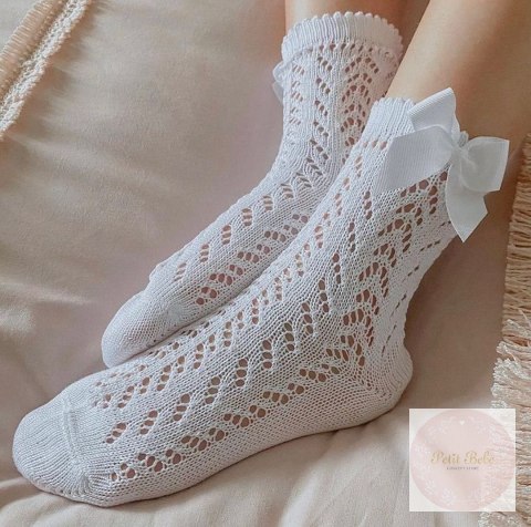 SKARPETKI AŻUROWE Z KOKARDĄ BIANCO BIAŁE #200