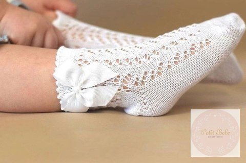 SKARPETKI AŻUROWE Z KOKARDĄ BIANCO BIAŁE #200