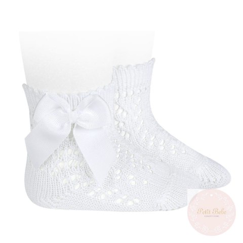 SKARPETKI AŻUROWE Z KOKARDĄ BIANCO BIAŁE #200